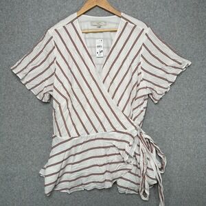 LOFT Plus White Brown Stripe Wrap V Neck Short Sleeve Tie Waist Peplum Blouse 22